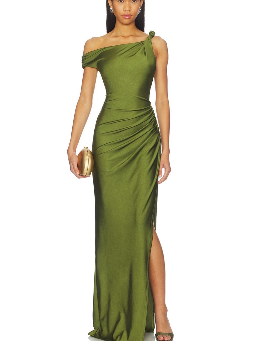 One-Shoulder Olive Green Evening Gown